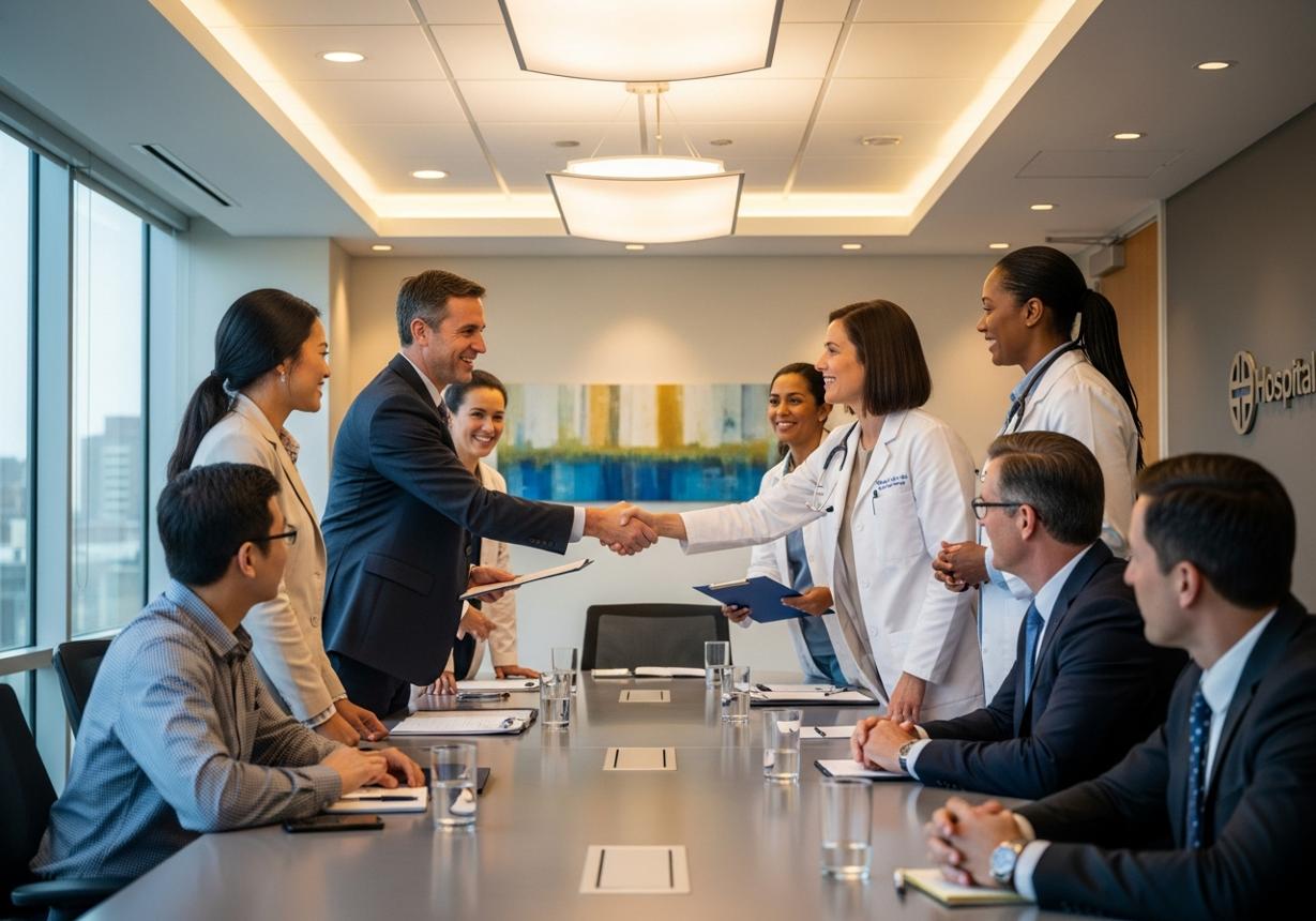 Physicians and business leaders shaking hands around a conference table